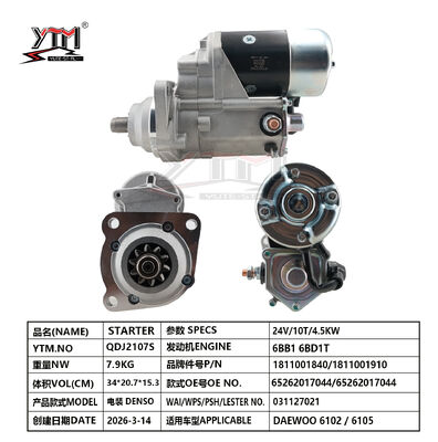 24V 10T 4.5KW Motore di avvio motore DAEWO0 6102 6105 Accessori per motori diesel 1811001840/1811001910 65262017044 65262017044 per DENSO
