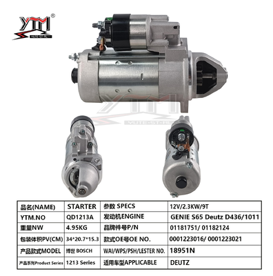 Motorino di avviamento YTM QD1213A 12V 2.3KW 9T per motore Deutz D436 1011 Genie S65 0001223016 0001223021 Deutz 01181751 01182124 Motorino di avviamento sostitutivo